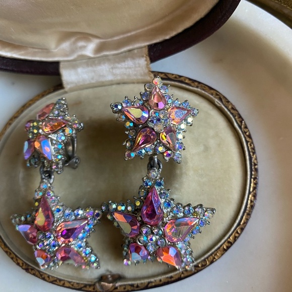 Vintage Thelma Deutsch Earrings pink/Star with AB Rhinestones Clip On ea… - Picture 2 of 13